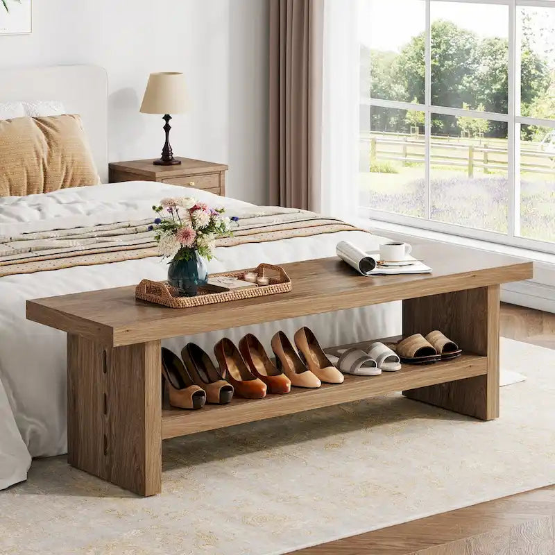 Entryway Shoe Bench with Storage Shelves – Oak Finish