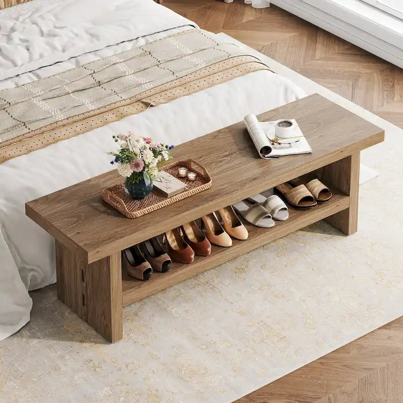 Entryway Shoe Bench with Storage Shelves – Oak Finish