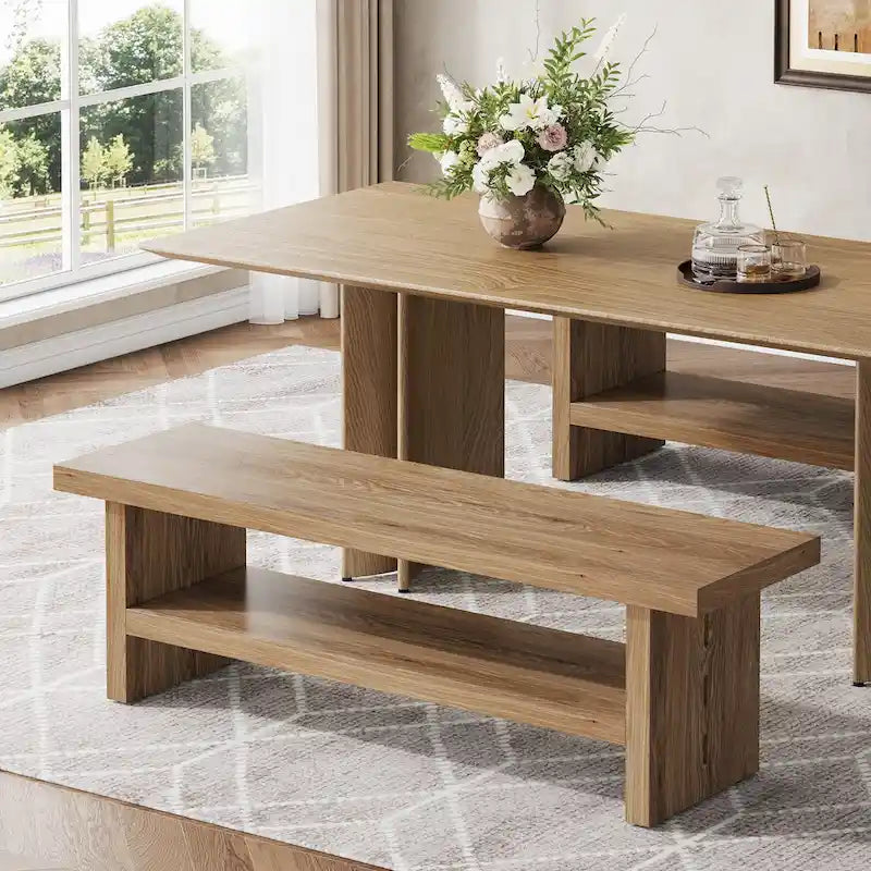 Entryway Shoe Bench with Storage Shelves – Oak Finish