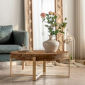 Round Wood Coffee Table with Gold Cross Legs