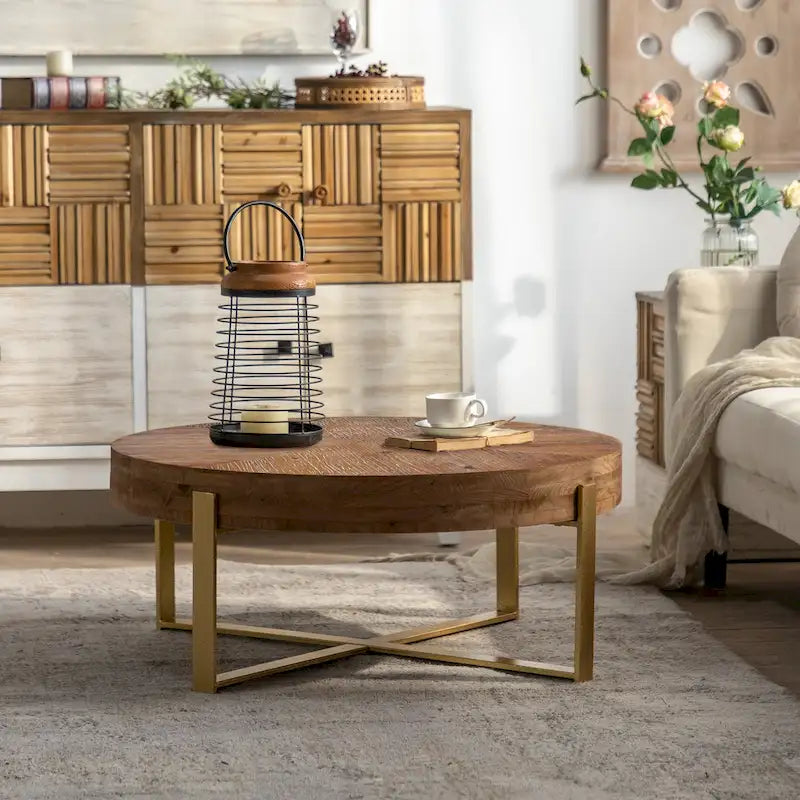 Round Wood Coffee Table with Gold Cross Legs