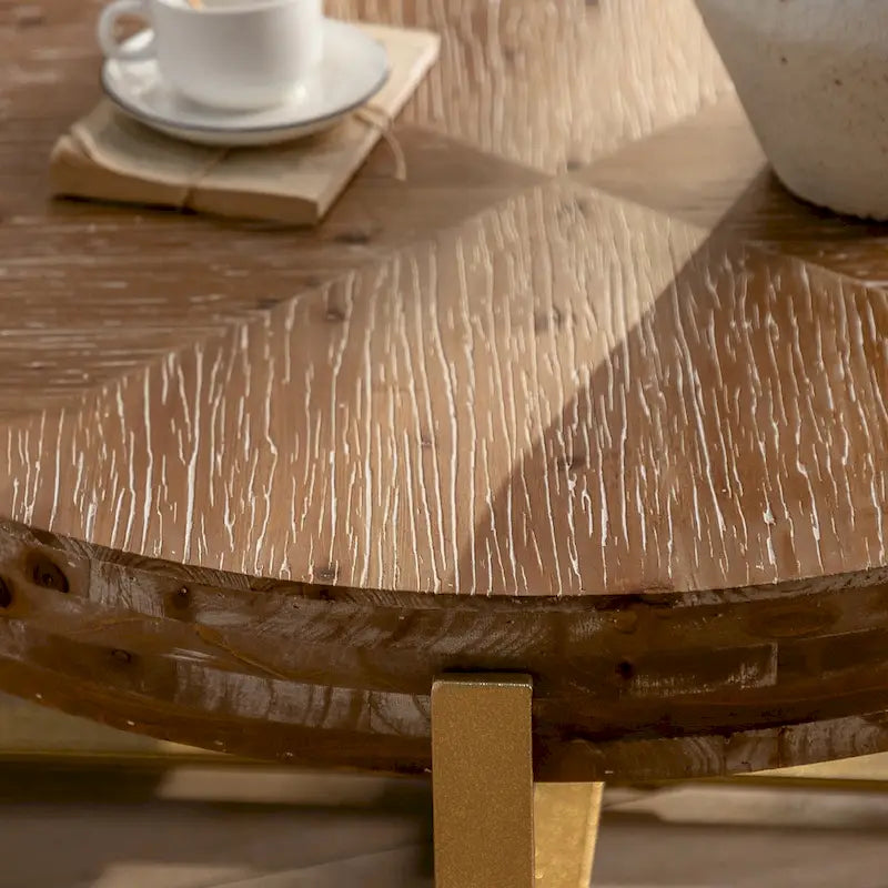 Round Wood Coffee Table with Gold Cross Legs