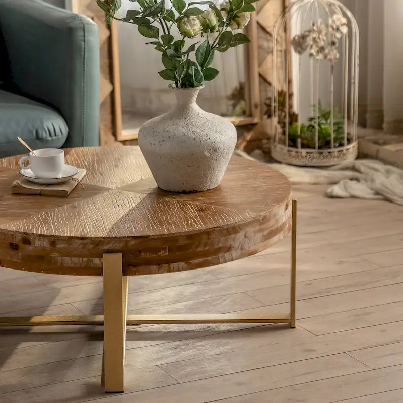 Round Wood Coffee Table with Gold Cross Legs