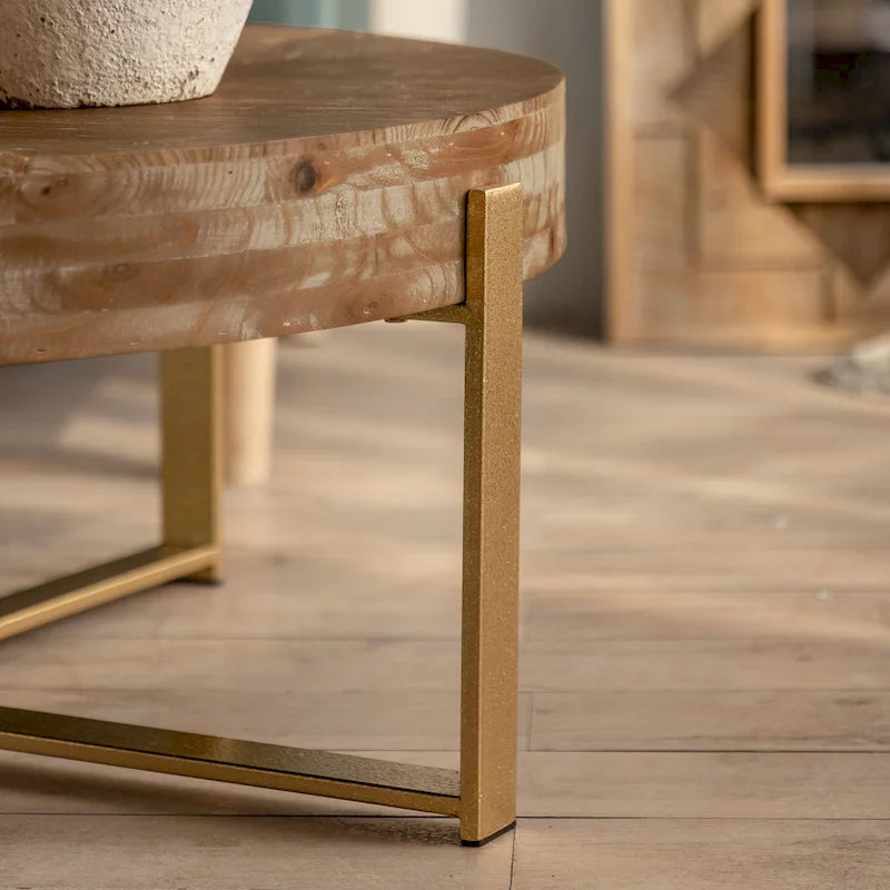 Round Wood Coffee Table with Gold Cross Legs