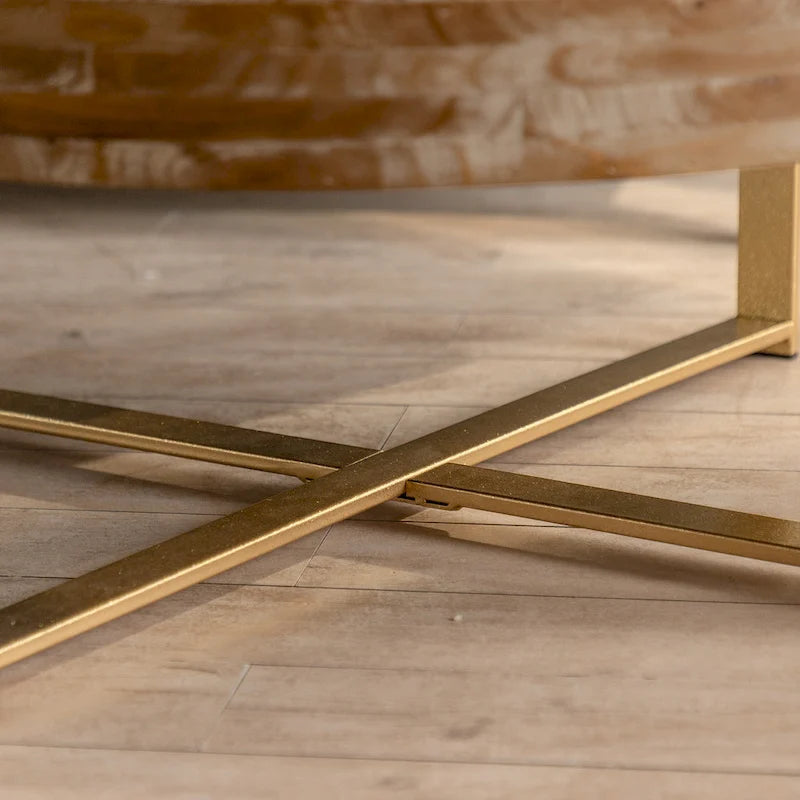 Round Wood Coffee Table with Gold Cross Legs