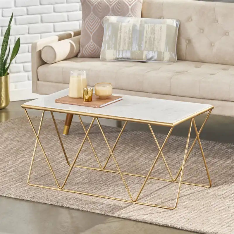 Couchtisch mit Marmorplatte und geometrischem Eisengestell