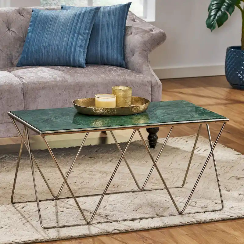 Couchtisch mit Marmorplatte und geometrischem Eisengestell