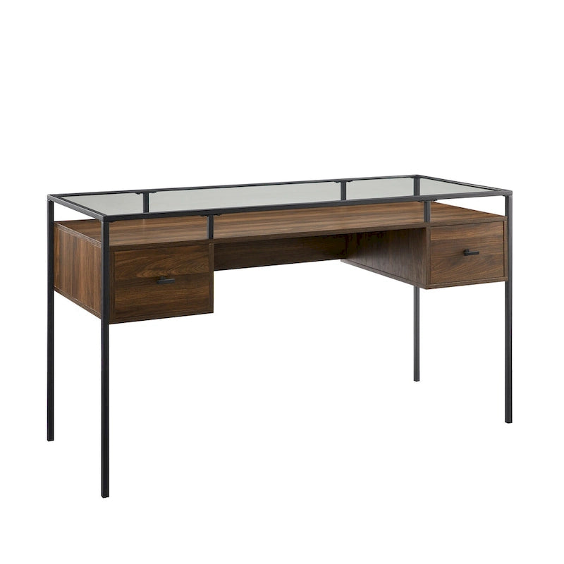 56-Zoll-Schreibtisch mit Glasplatte, 2 Schubladen und Metallgestell