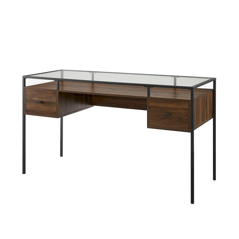 56-Zoll-Schreibtisch mit Glasplatte, 2 Schubladen und Metallgestell