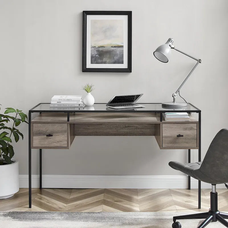 56-Zoll-Schreibtisch mit Glasplatte, 2 Schubladen und Metallgestell