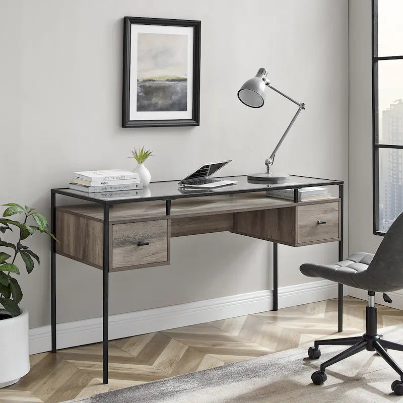 56-Zoll-Schreibtisch mit Glasplatte, 2 Schubladen und Metallgestell