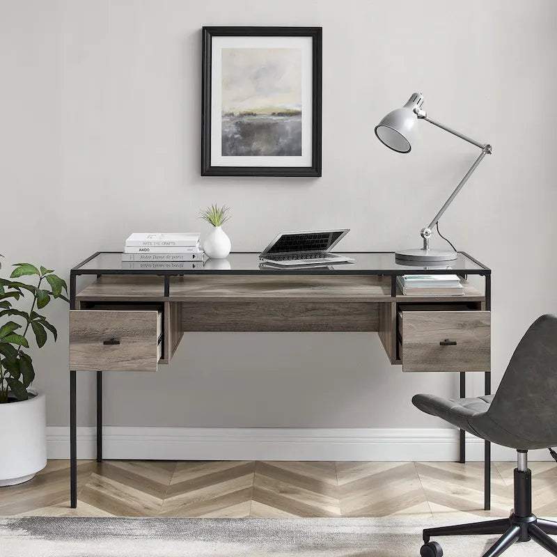 56-Zoll-Schreibtisch mit Glasplatte, 2 Schubladen und Metallgestell