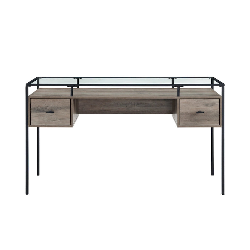56-Zoll-Schreibtisch mit Glasplatte, 2 Schubladen und Metallgestell