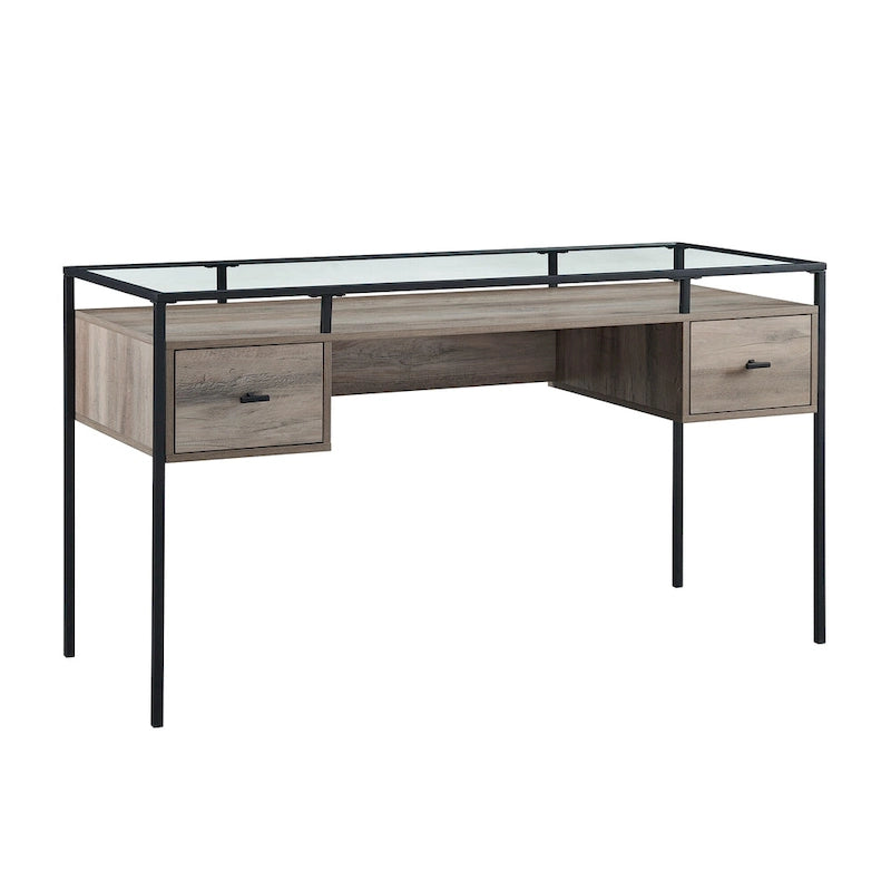 56-Zoll-Schreibtisch mit Glasplatte, 2 Schubladen und Metallgestell