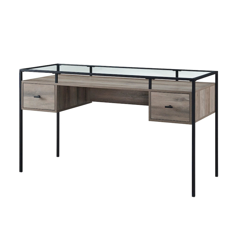 56-Zoll-Schreibtisch mit Glasplatte, 2 Schubladen und Metallgestell