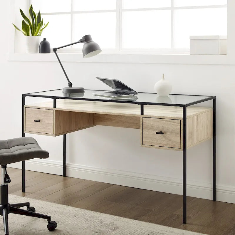 56-Zoll-Schreibtisch mit Glasplatte, 2 Schubladen und Metallgestell