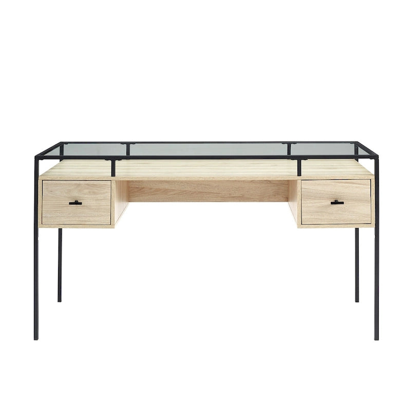 56-Zoll-Schreibtisch mit Glasplatte, 2 Schubladen und Metallgestell
