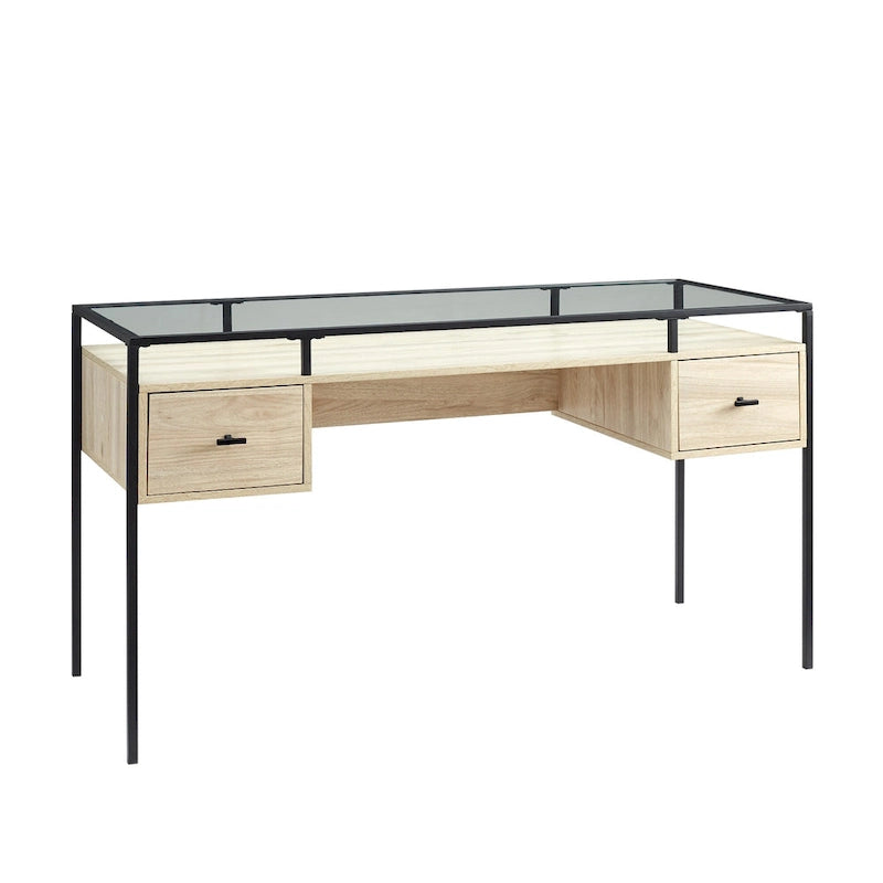 56-Zoll-Schreibtisch mit Glasplatte, 2 Schubladen und Metallgestell