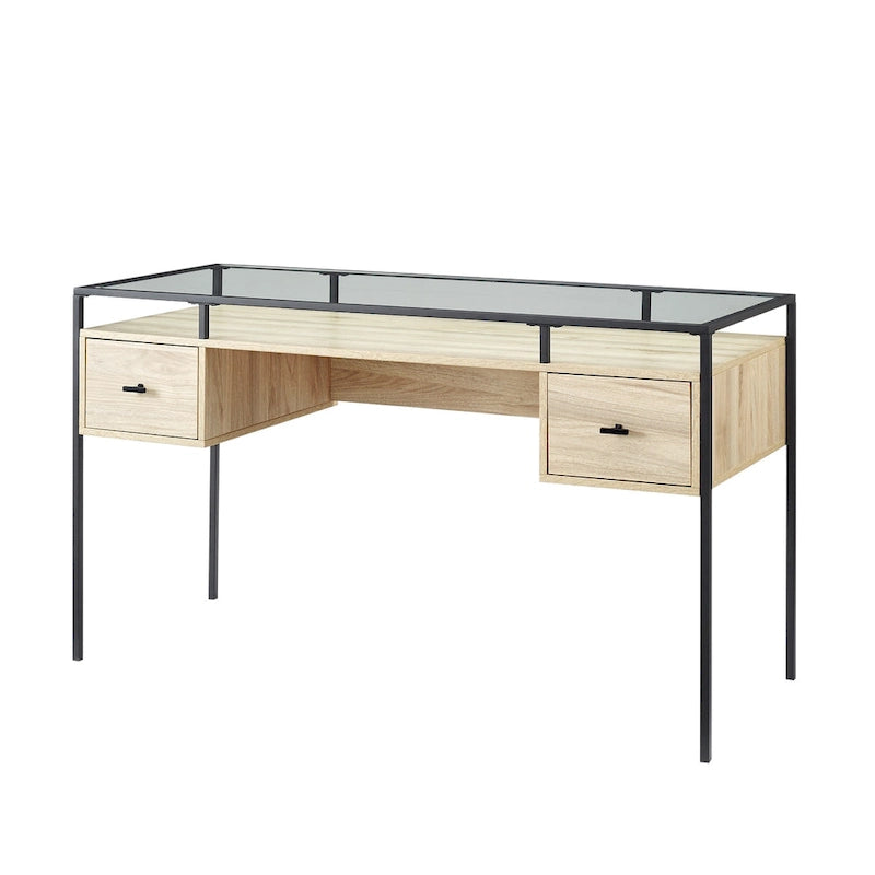 56-Zoll-Schreibtisch mit Glasplatte, 2 Schubladen und Metallgestell