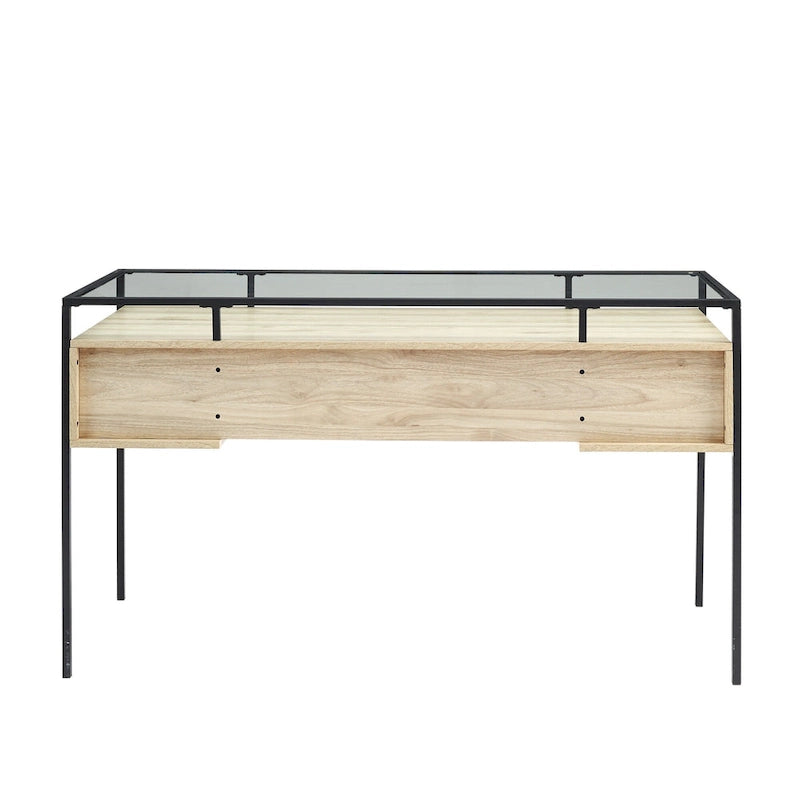 56-Zoll-Schreibtisch mit Glasplatte, 2 Schubladen und Metallgestell
