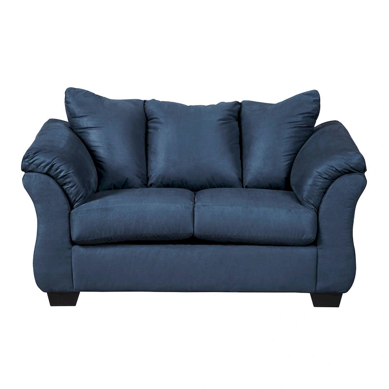 Marineblaues 2-Sitzer-Sofa aus Mikrofaser mit Rückenkissen und ausgestellten Armlehnen