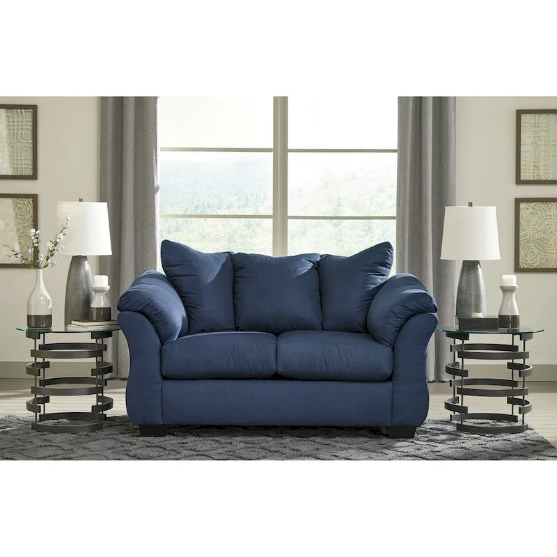 Marineblaues 2-Sitzer-Sofa aus Mikrofaser mit Rückenkissen und ausgestellten Armlehnen