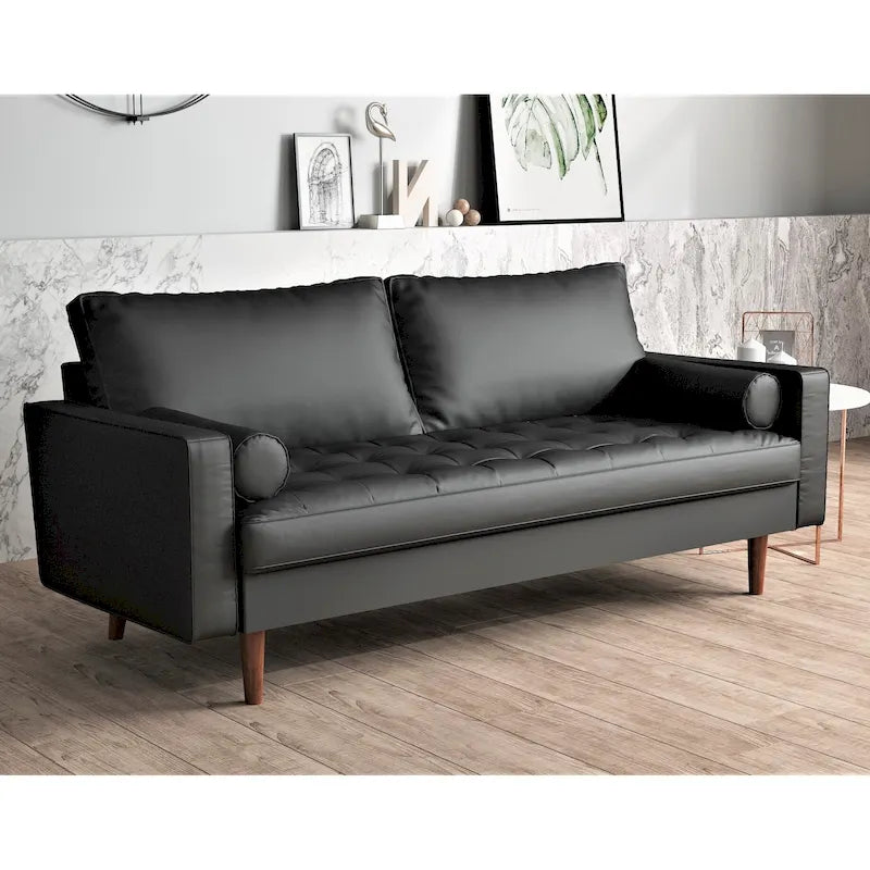 Mid-Century Modern Faux Leather Sofa with Tapered Legs