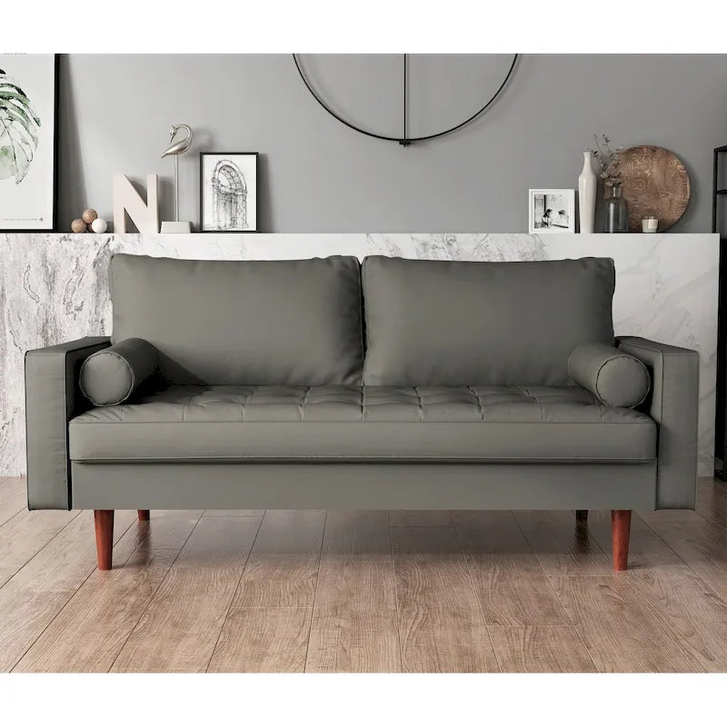 Mid-Century Modern Faux Leather Sofa with Tapered Legs