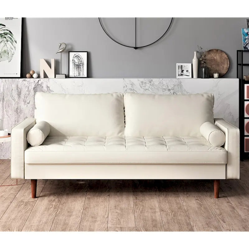 Mid-Century Modern Faux Leather Sofa with Tapered Legs