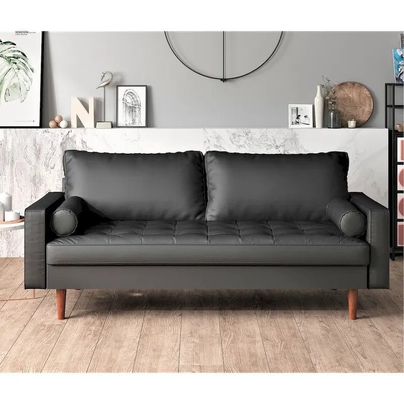 Mid-Century Modern Faux Leather Sofa with Tapered Legs