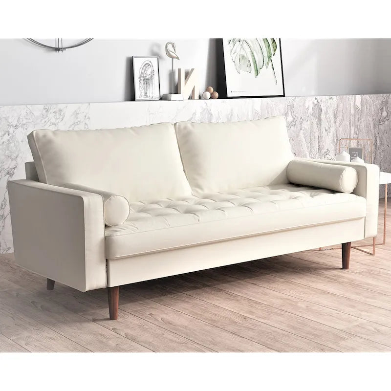 Mid-Century Modern Faux Leather Sofa with Tapered Legs