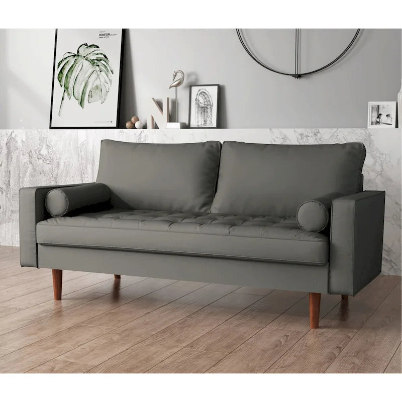 Mid-Century Modern Faux Leather Sofa with Tapered Legs