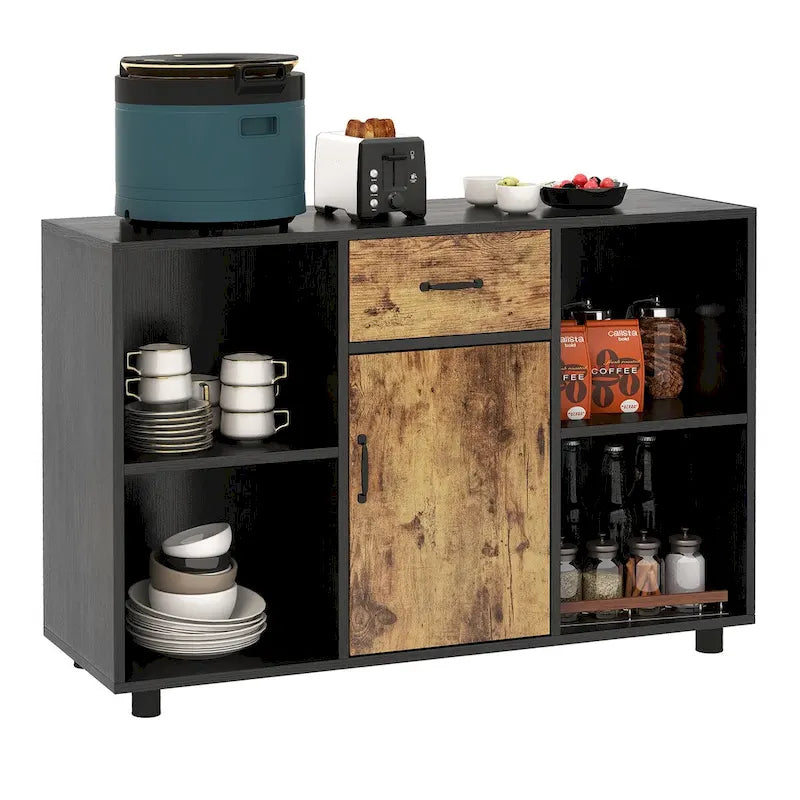 Credenza laterale farmhouse con ripiani aperti, cassetto e armadietto