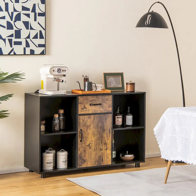 Credenza laterale farmhouse con ripiani aperti, cassetto e armadietto