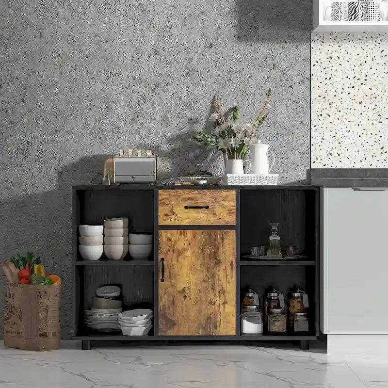 Credenza laterale farmhouse con ripiani aperti, cassetto e armadietto