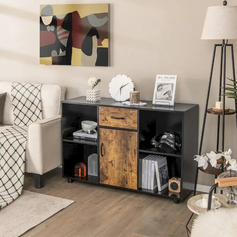 Credenza laterale farmhouse con ripiani aperti, cassetto e armadietto