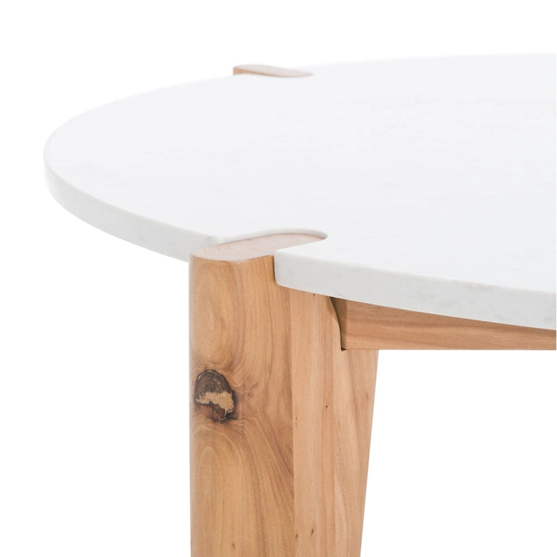 Runder Couchtisch mit Marmorplatte und Holzbeinen