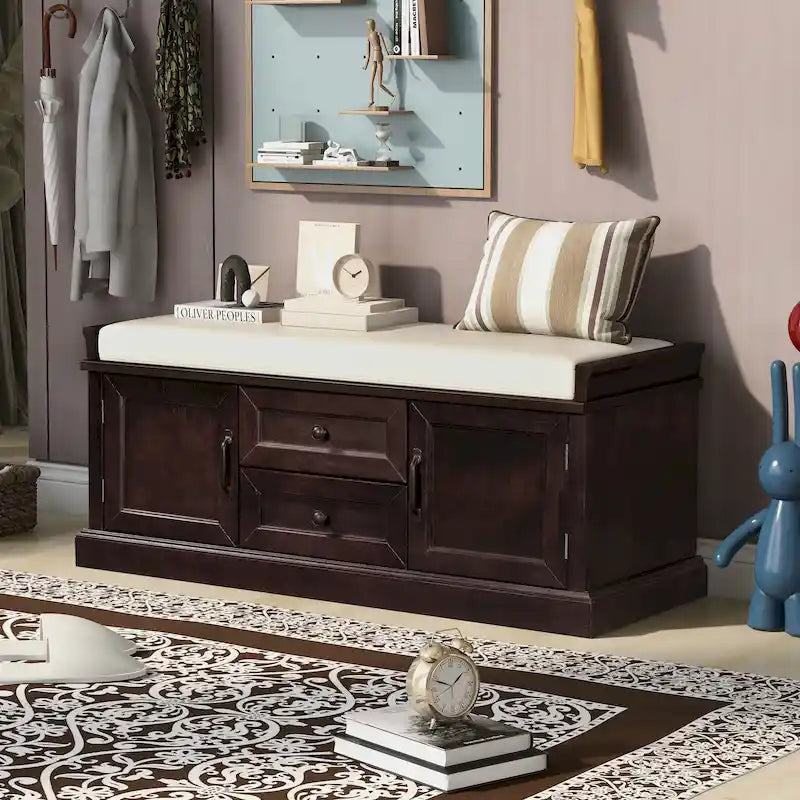 Entryway Storage Bench with Cushion, Drawers & Cabinets