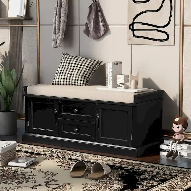 Entryway Storage Bench with Cushion, Drawers & Cabinets