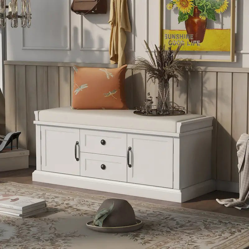 Entryway Storage Bench with Cushion, Drawers & Cabinets