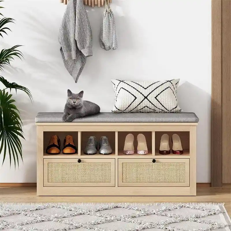 Natural Rattan Shoe Storage Bench with Cushion