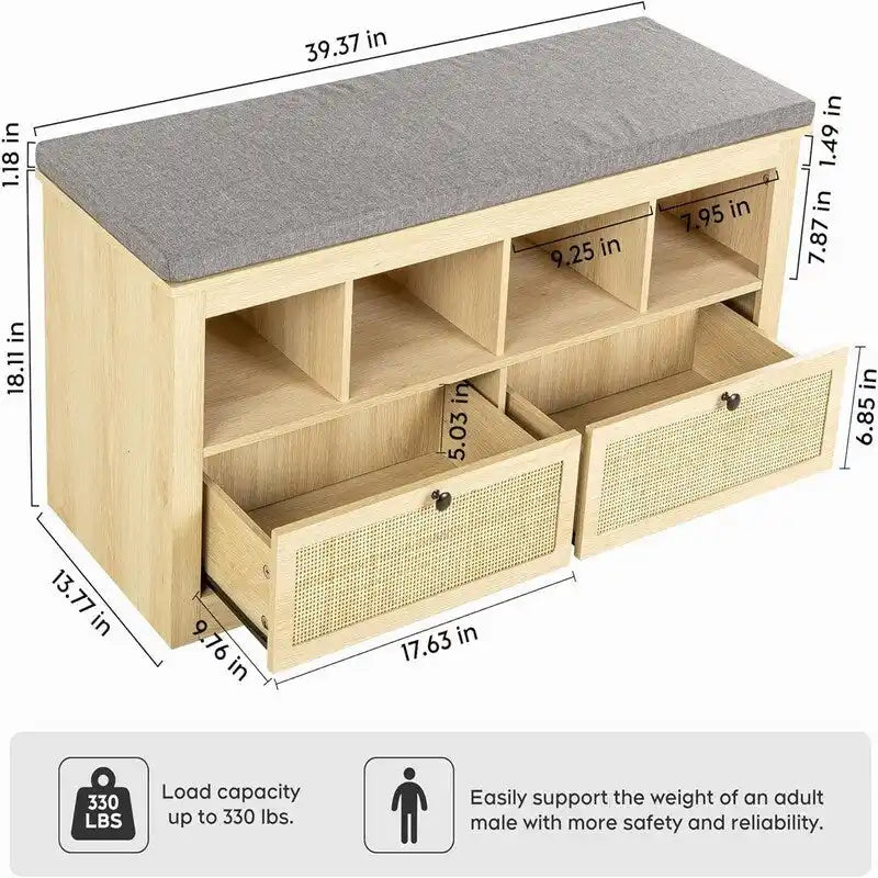Natural Rattan Shoe Storage Bench with Cushion