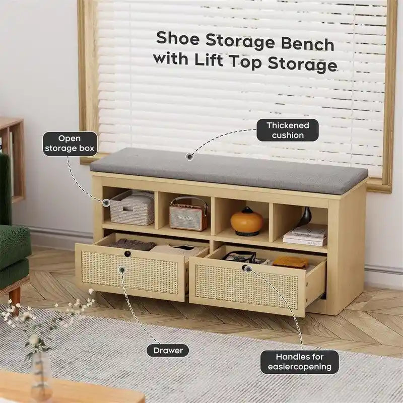 Natural Rattan Shoe Storage Bench with Cushion