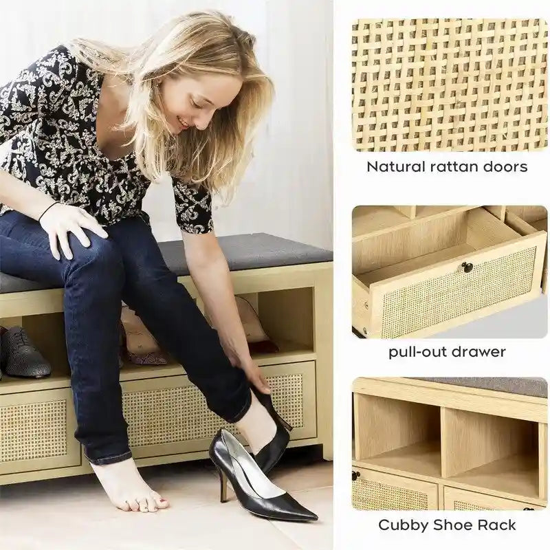 Natural Rattan Shoe Storage Bench with Cushion