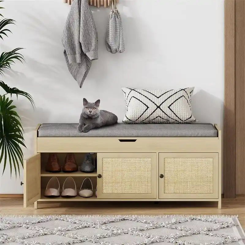 Natural Rattan Shoe Storage Bench with Cushion