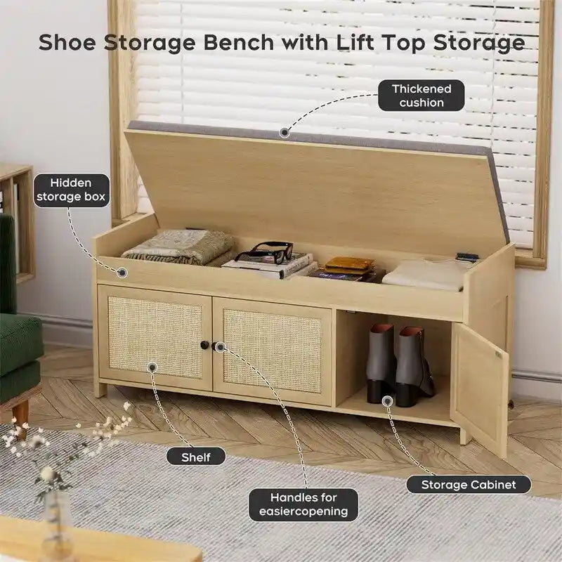 Natural Rattan Shoe Storage Bench with Cushion
