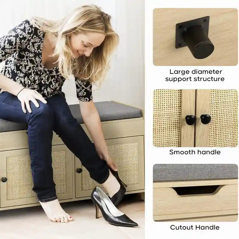 Natural Rattan Shoe Storage Bench with Cushion
