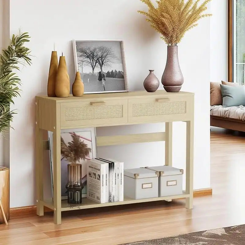 Konsolentisch aus Rattan mit 2 Schubladen & offenem Fach – Boho-Eingangsbereich