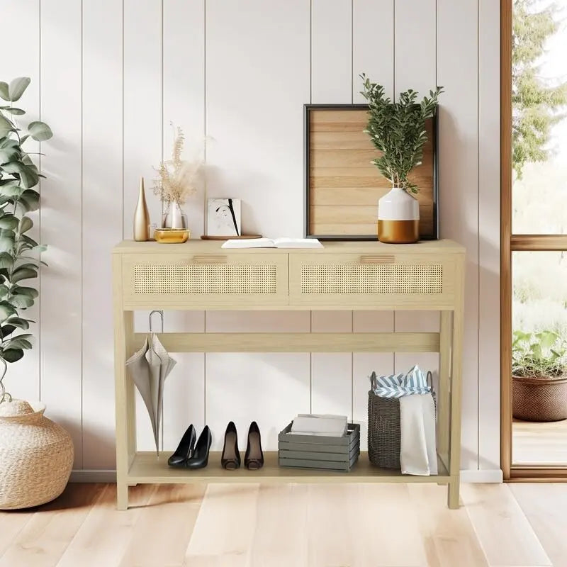 Konsolentisch aus Rattan mit 2 Schubladen & offenem Fach – Boho-Eingangsbereich