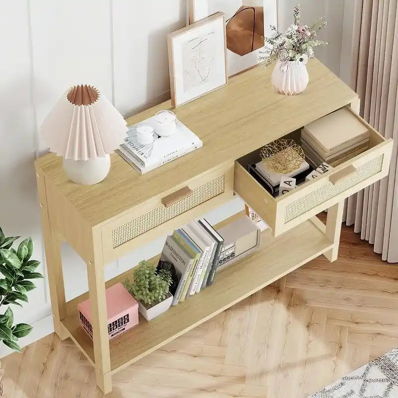 Konsolentisch aus Rattan mit 2 Schubladen & offenem Fach – Boho-Eingangsbereich